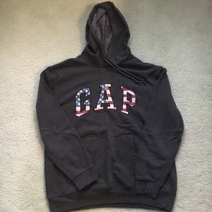 Gray American Flag GAP Logo Fleece Pullover Hoodie